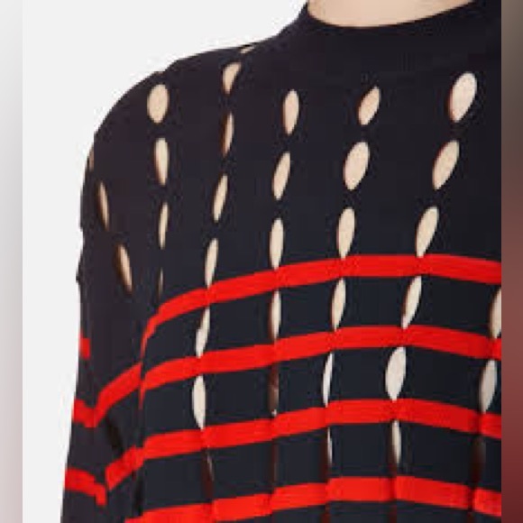 T BY ALEXANDER WANG Short-Sleeve Striped Slit Crewneck Pullover Sweater, Blue/Re - Picture 3 of 5